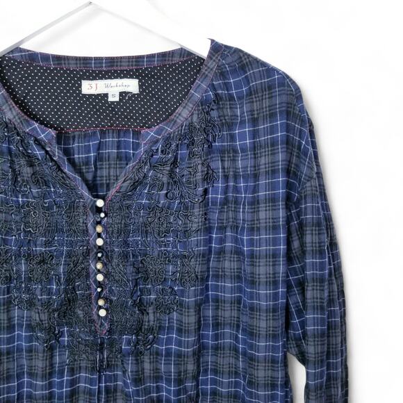 3J Workshop Embroidered Plaid  Rough Hem Boho Shirt/Dress - Size Small - Picture 2 of 9